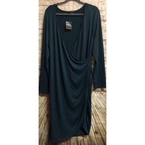 NEW! Forever 21 Teal Green Long Sleeve Ruched Faux Wrap Dress Plus Size 3X NWT